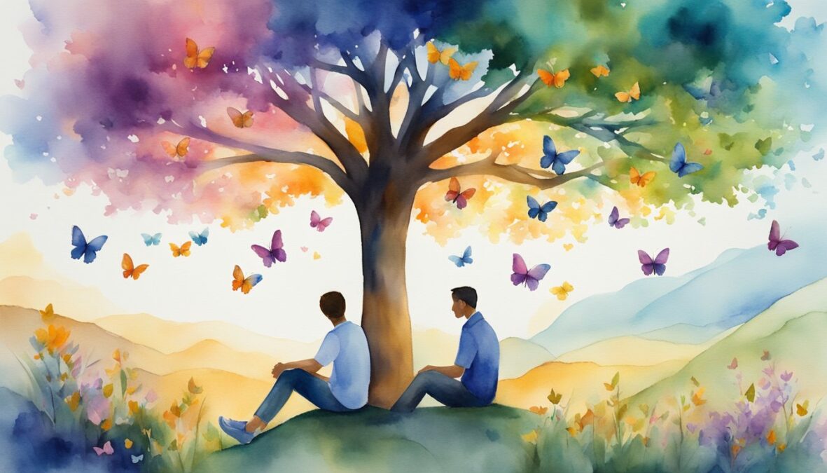 A couple sits under a tree, surrounded by five vibrant butterflies.</p><p>The numbers 2555 float in the air, radiating a sense of harmony and balance in their relationship