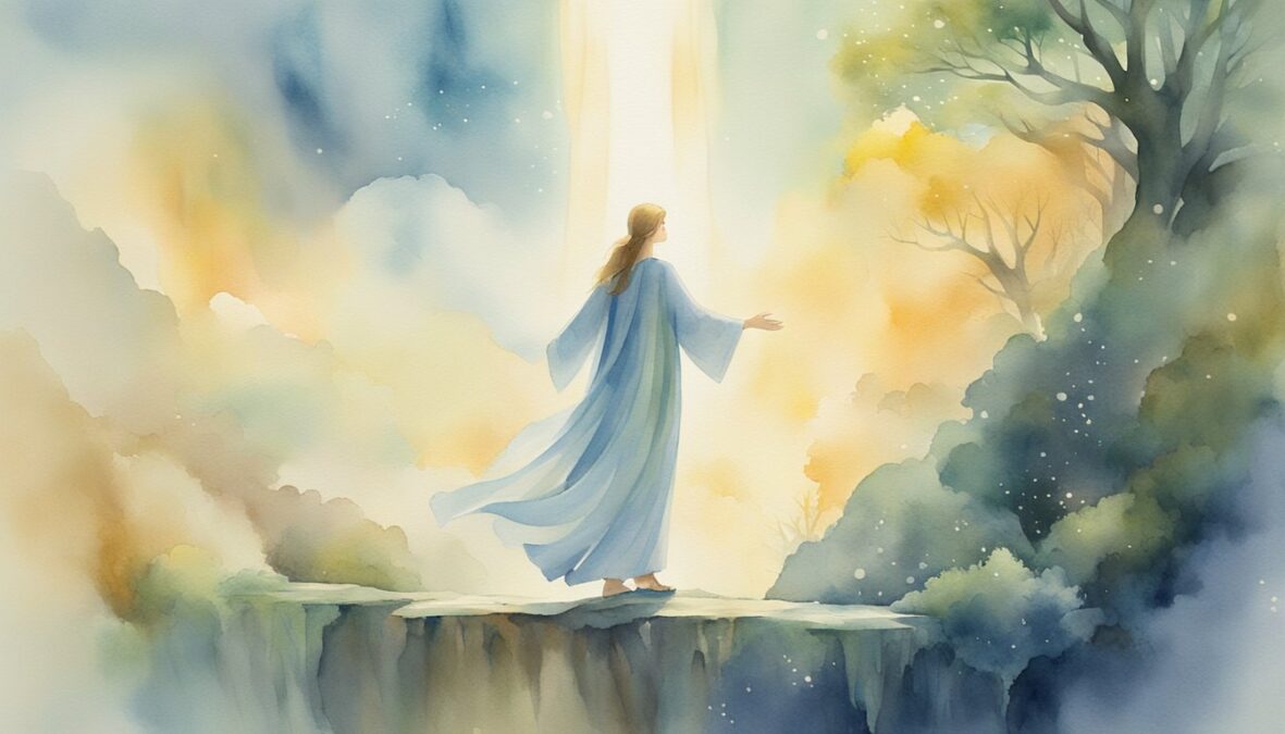 A figure stands in a beam of light, surrounded by ethereal beings.</p><p>The atmosphere is serene, with a sense of guidance and protection