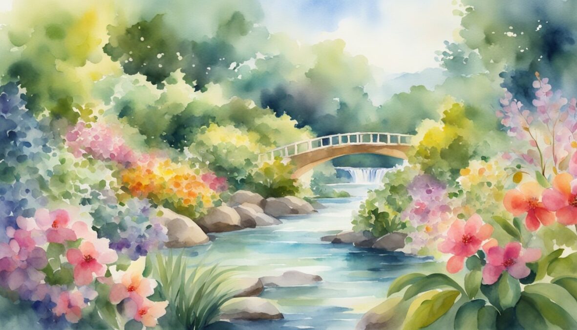A lush garden with blooming flowers and ripe fruits, surrounded by flowing water and shining sunlight