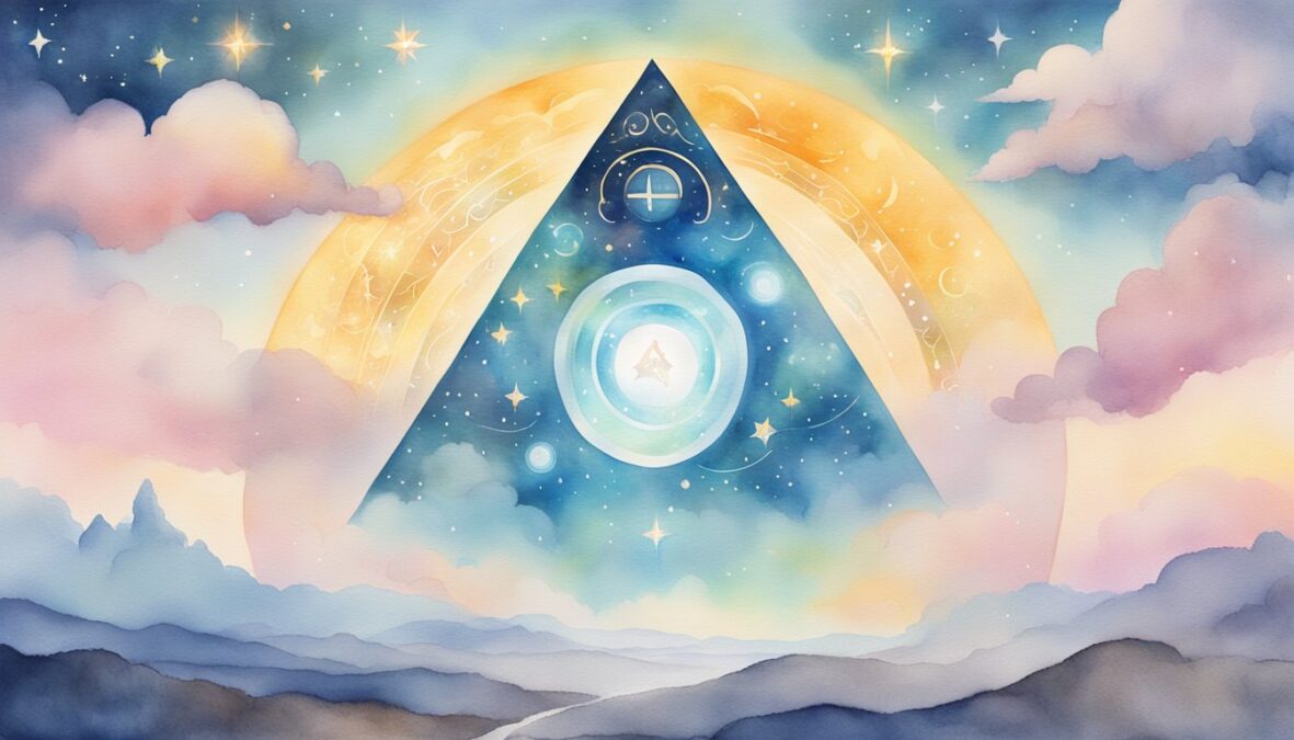 A glowing number 459 hovers above a serene landscape, surrounded by celestial symbols and angelic imagery