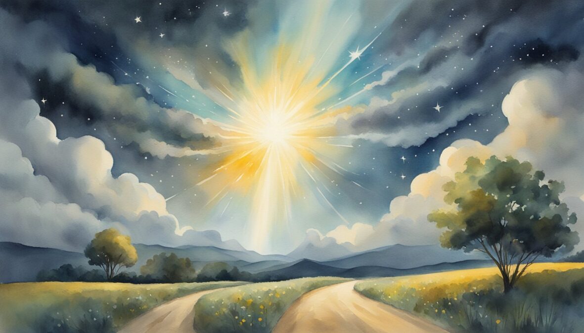 A radiant beam of light pierces through dark clouds, illuminating a path leading towards a distant horizon.</p></noscript><p>The number 539 glows brightly in the sky, surrounded by swirling energy and celestial symbols