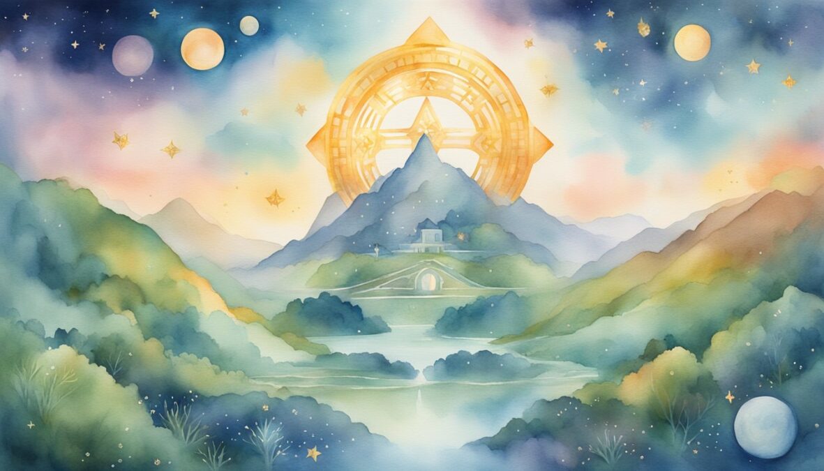 A glowing number 539 hovers above a serene landscape, surrounded by celestial beings and symbols of guidance and protection