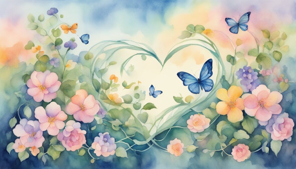 A heart-shaped cloud floats above two entwined vines, surrounded by blooming flowers and fluttering butterflies