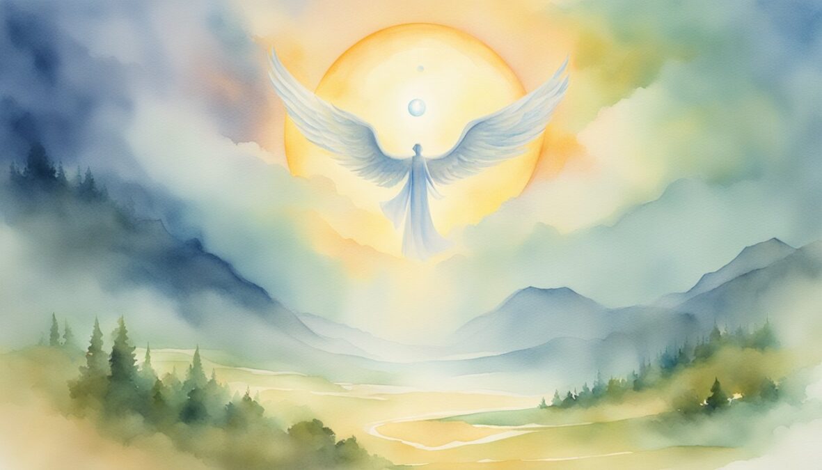 A glowing 7007 angel number hovers above a serene landscape, surrounded by celestial light and peaceful energy