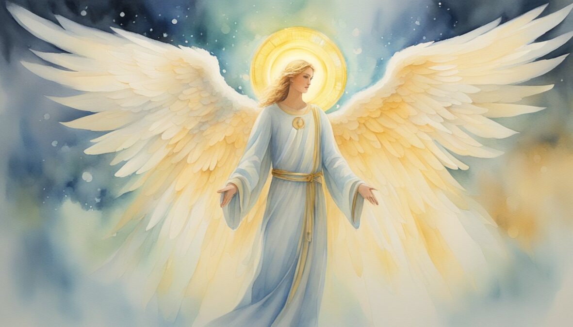 A glowing angelic figure surrounded by numbers 7111, with a halo and wings, emanating a sense of wisdom and guidance