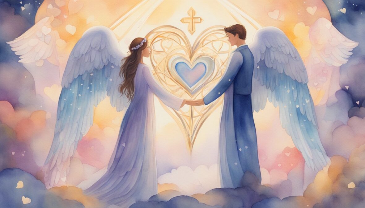 A couple stands beneath a glowing 772 angel number, surrounded by hearts and symbols of love and connection