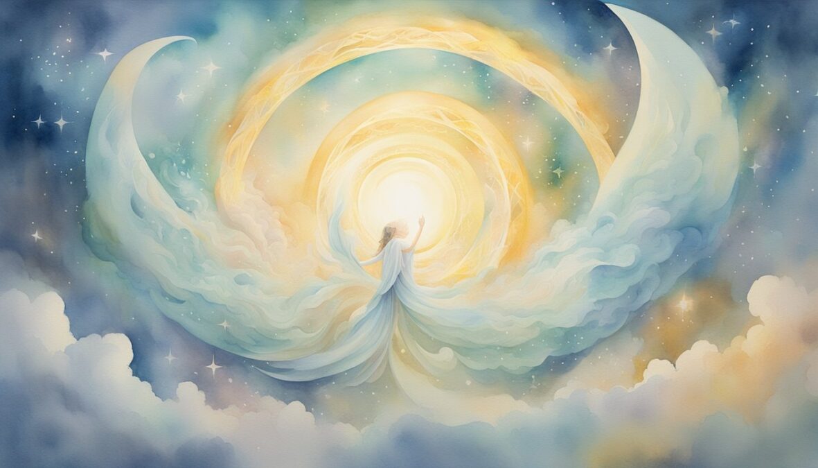 A glowing number 80 hovers in the sky surrounded by swirling angelic figures, with a sense of divine energy and guidance