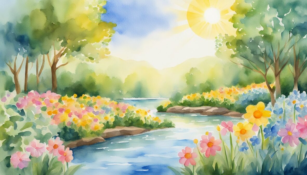 A garden with blooming flowers, a flowing river, and a bright sun in the sky, symbolizing growth, renewal, and positivity influenced by 8228 angel number