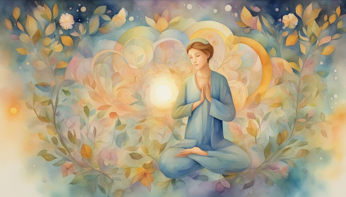 A serene figure surrounded by symbols of love, peace, and guidance, with a warm glow emanating from the number 8558