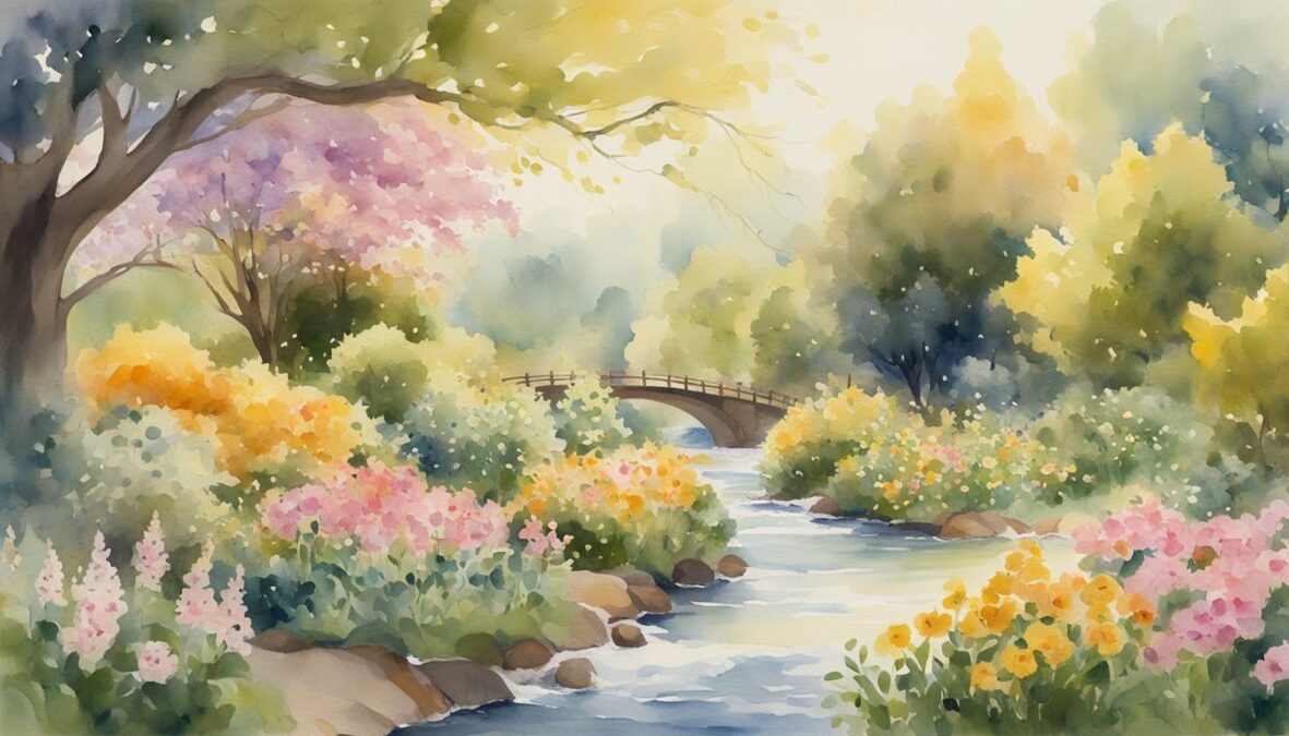 A lush garden with blooming flowers, overflowing fruit trees, and a flowing stream, all surrounded by a golden glow with the number 877 repeated throughout the scene