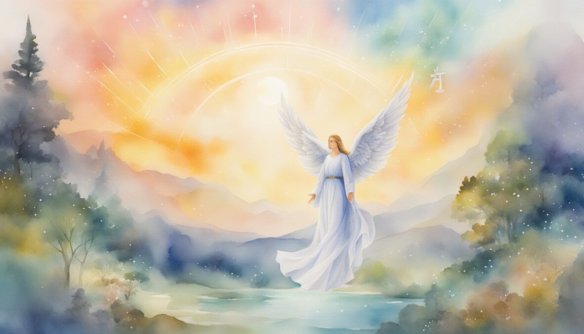 A glowing 9559 angel number hovers above a serene landscape, surrounded by symbols of wisdom and enlightenment