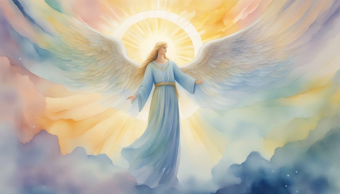 A glowing angelic figure hovers above a serene landscape, surrounded by symbols of peace, love, and harmony.</p></noscript><p>Rays of light emanate from the figure, illuminating the world below