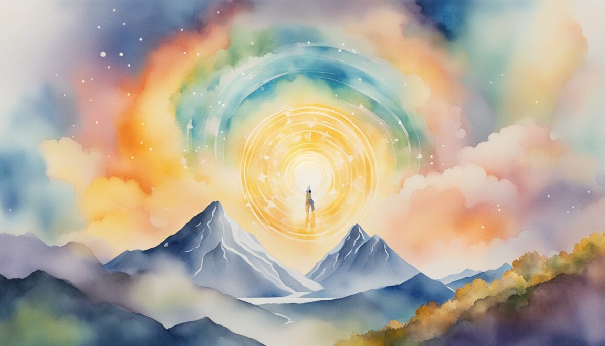 A radiant figure stands on a mountain peak, surrounded by swirling energy and glowing symbols, representing the transformative power of love and life changes