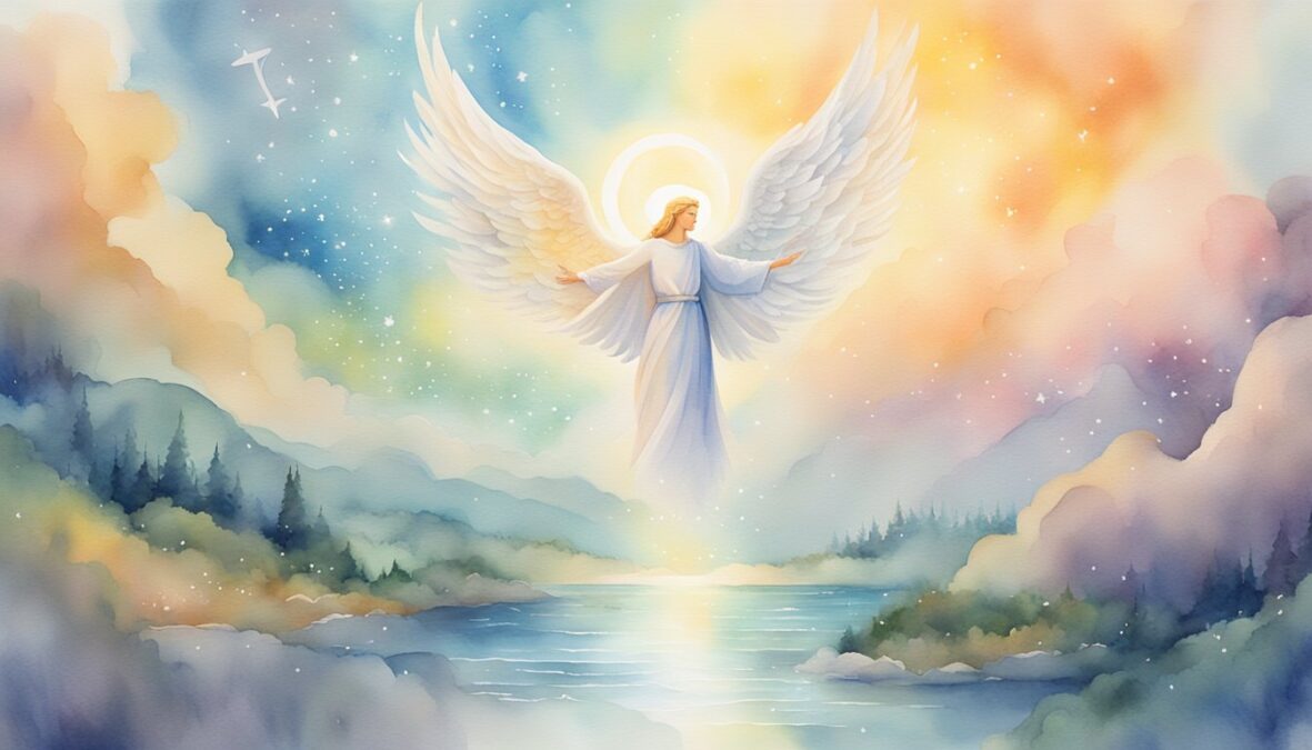 A glowing 9779 angel number hovers above a serene landscape, surrounded by celestial symbols and radiating a sense of divine connection