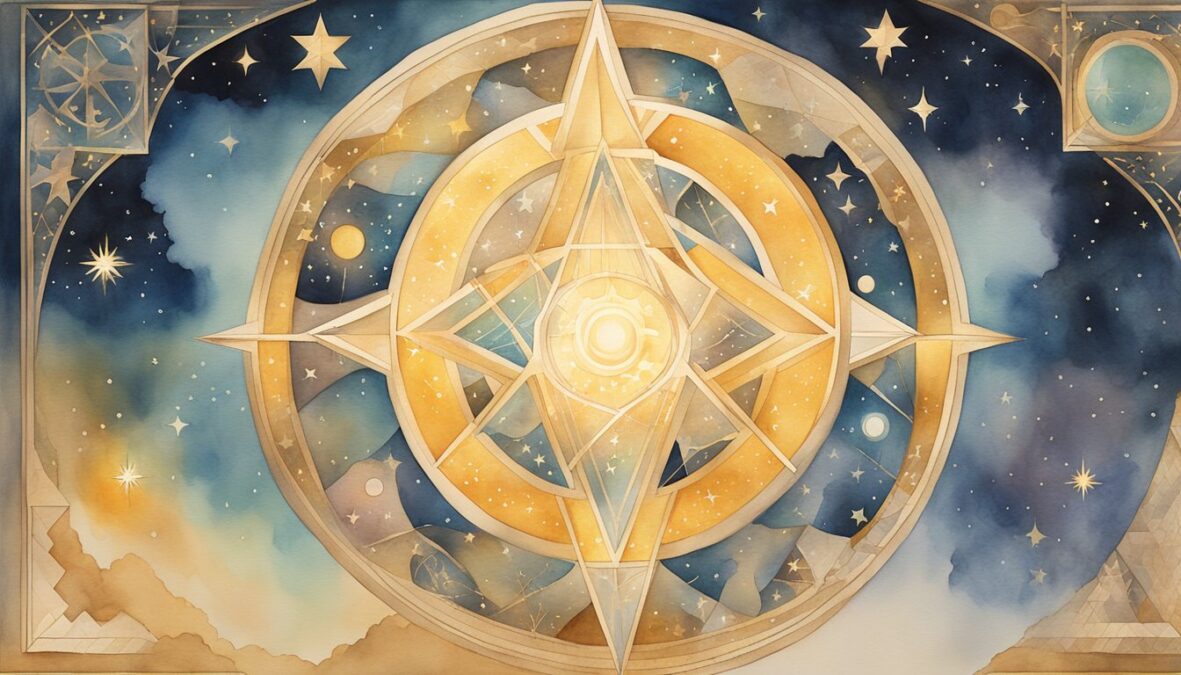 A glowing celestial figure holds a book of symbols, surrounded by 9 stars and 8 geometric shapes, while the number 988 hovers above in golden light