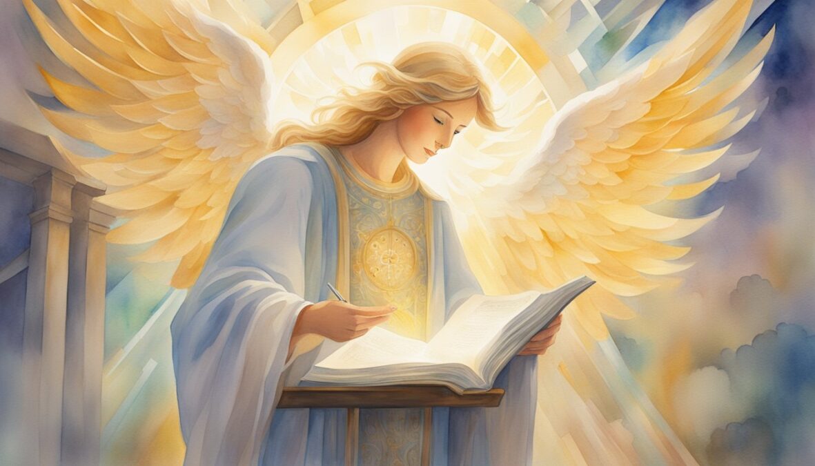 A glowing angelic figure hovers over a financial report, surrounded by beams of light and symbols of prosperity