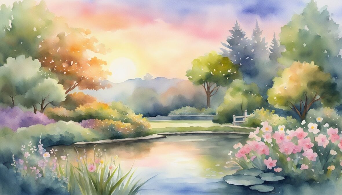 A serene garden with blooming flowers, a peaceful pond, and a glowing sunset, with the number 9933 shining brightly in the sky