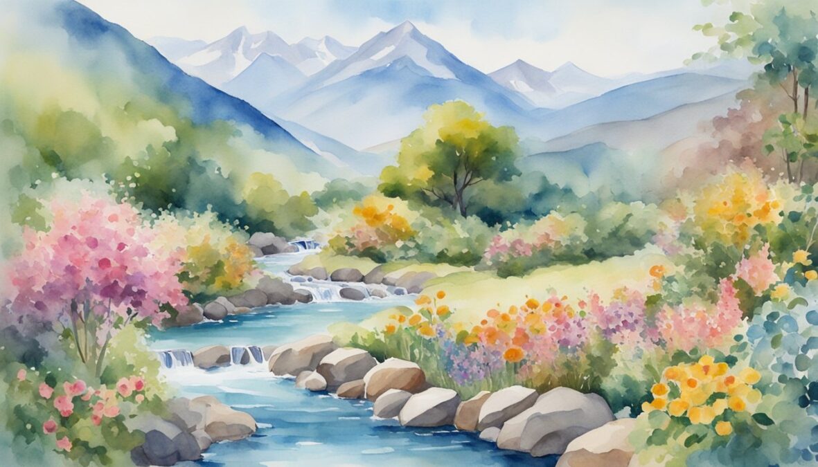 A lush garden with blooming flowers, ripe fruits, and a flowing stream, surrounded by mountains under a clear blue sky