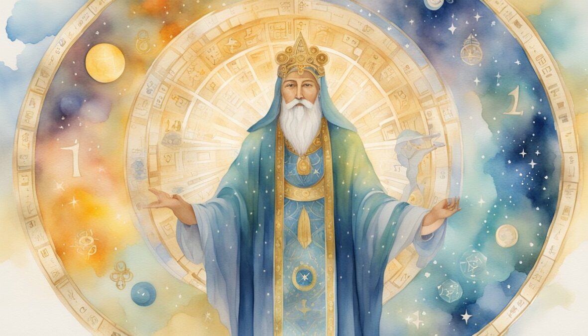 A glowing celestial figure surrounded by symbols of guidance and protection, with the numbers 1152 illuminated in the background