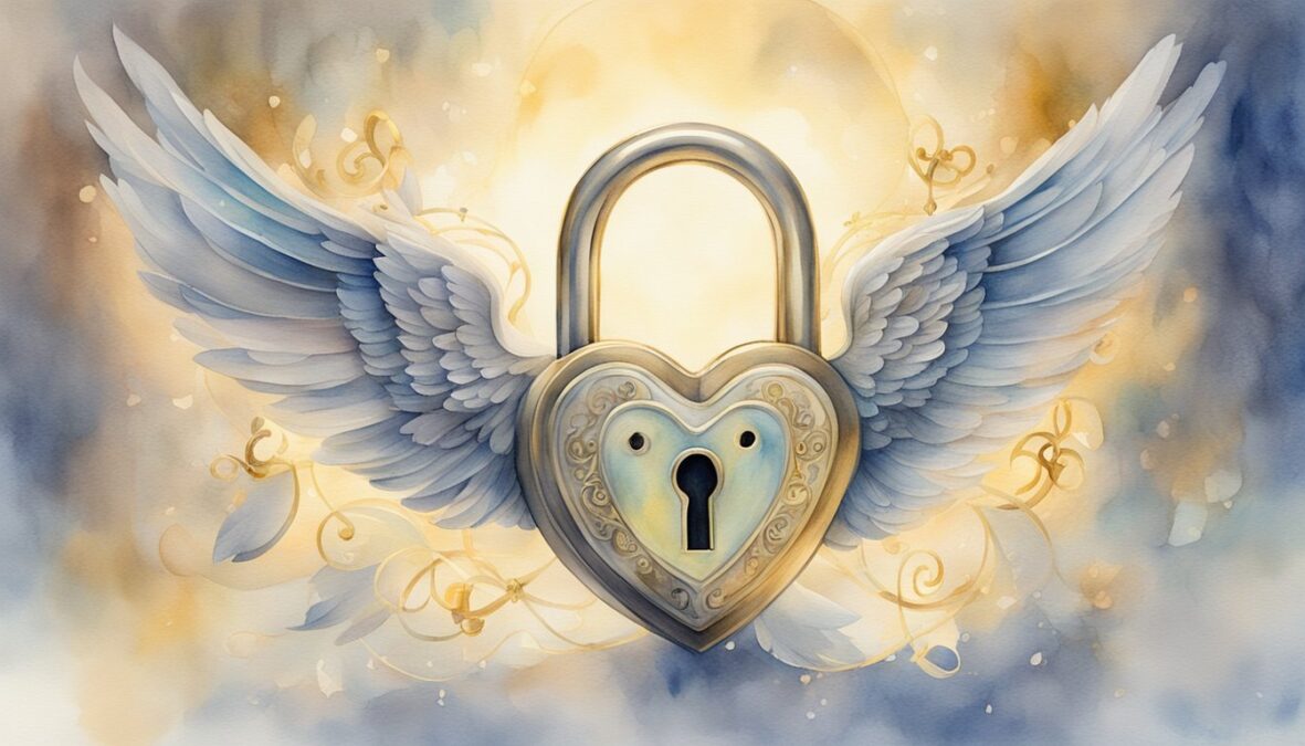 A heart-shaped lock with the numbers "12222" engraved on it, surrounded by delicate angel wings and surrounded by a soft, glowing light