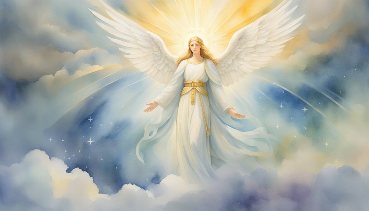A glowing angelic figure hovers over a serene landscape, surrounded by beams of light and symbols of divine guidance