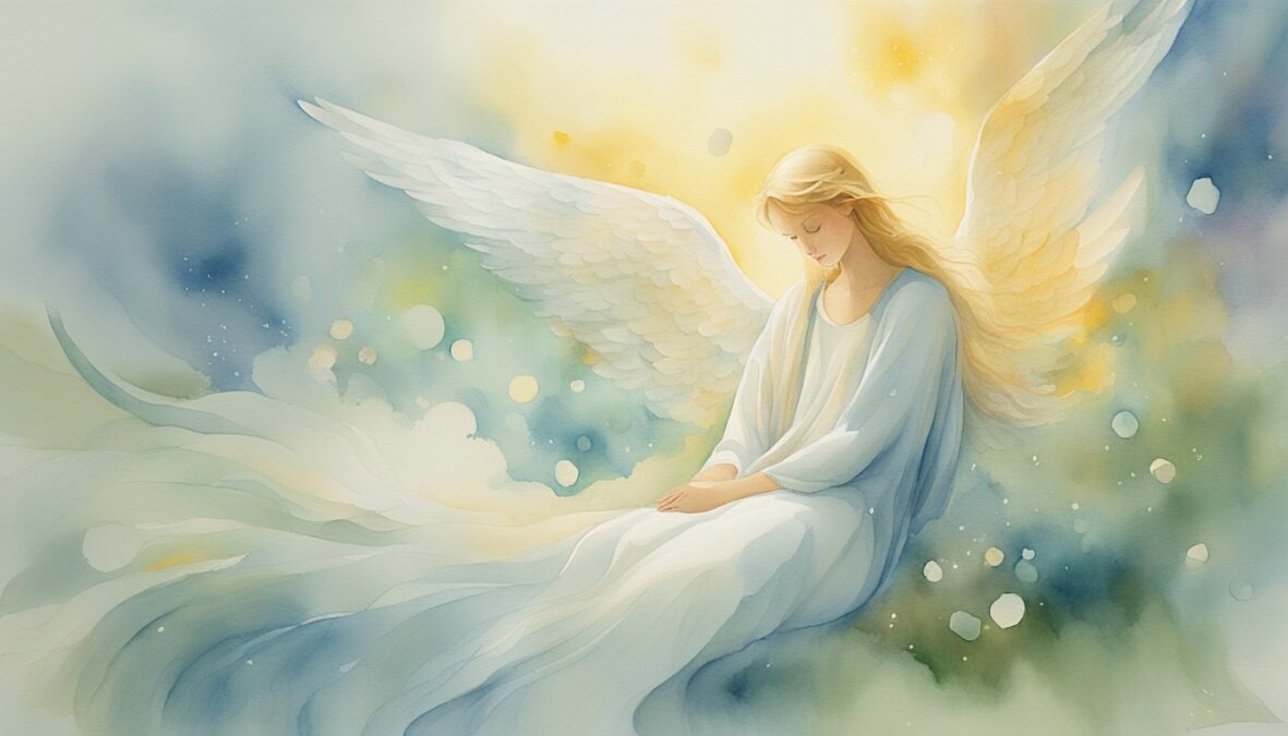 A glowing angelic figure surrounded by floating numbers 1258, with a serene and comforting presence
