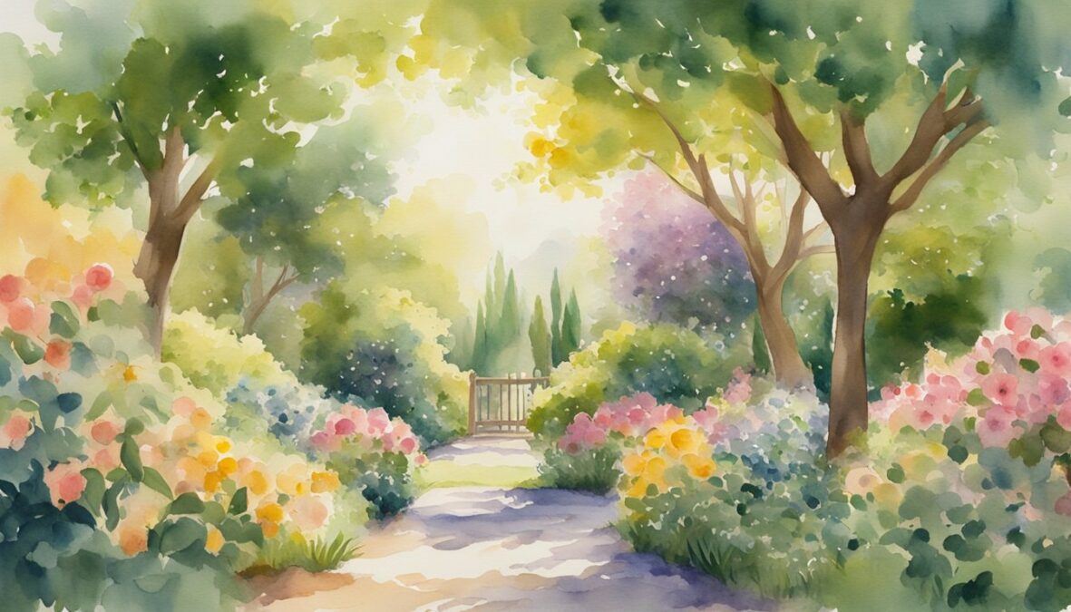 A lush garden with blooming flowers, overflowing fruit trees, and a radiant sun shining down, surrounded by a sense of peace and harmony