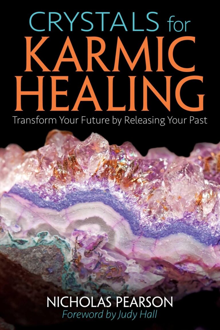 Book cover with crystals and title "Crystals for Karmic Healing."