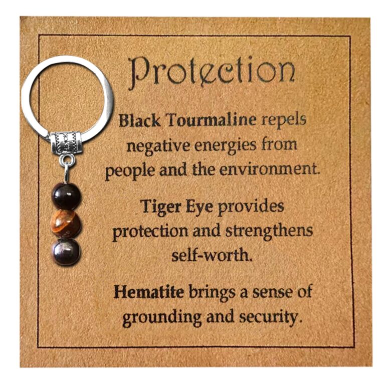 Key chain with three stones and text about protection