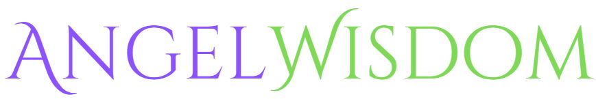 ANGELWISDOM" text in purple and green, stylized font, on a white background