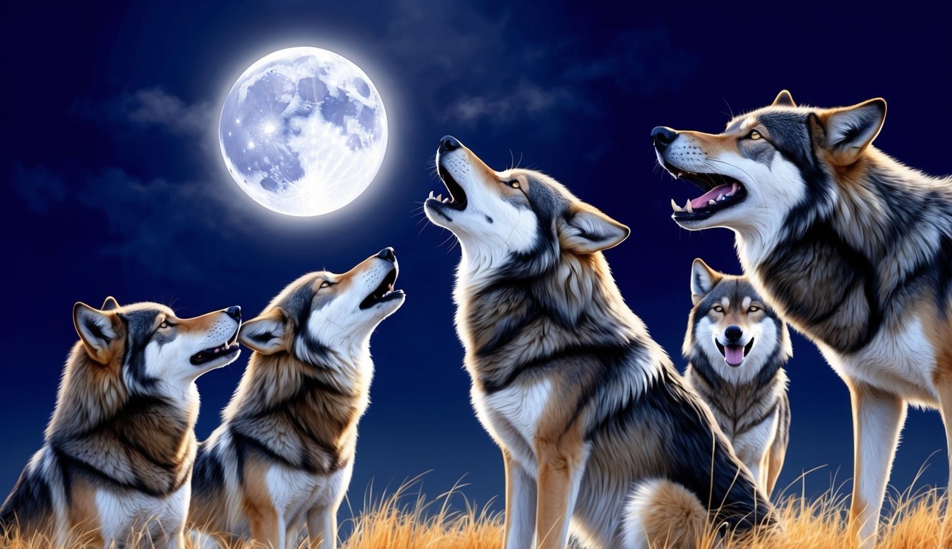 A wolf howling at the moon, surrounded by a pack of other wolves