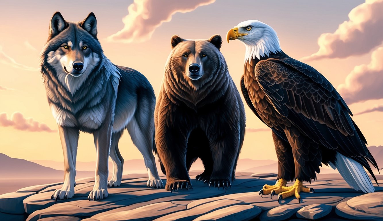 A wolf, bear, and eagle stand together, each representing a different cultural perspective on spirit animals