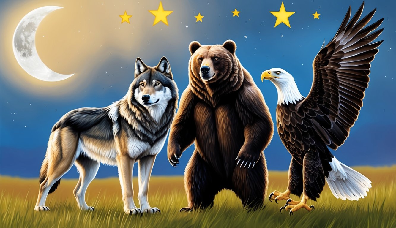 A wolf, bear, and eagle stand together, representing strength, wisdom, and freedom.</p><p>The moon and stars shine above, symbolizing spirituality and connection