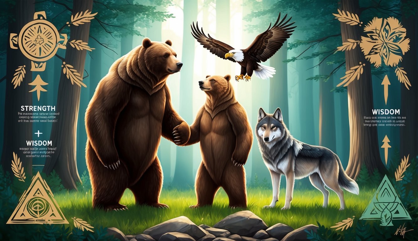 A bear, eagle, and wolf stand together in a forest, surrounded by symbols of nature and messages of strength and wisdom