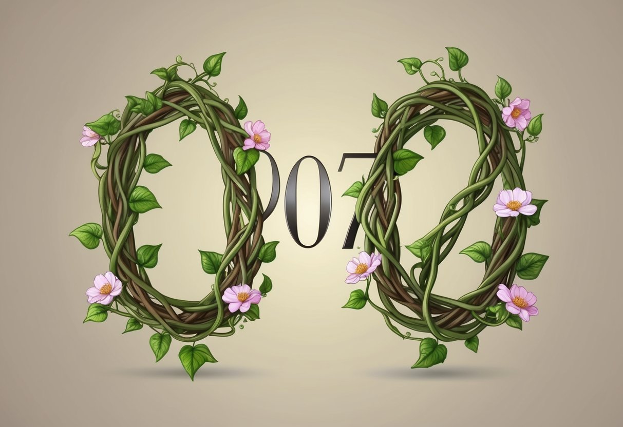 Two entwined vines with blooming flowers form the shape of the 007 angel number, symbolizing the interconnectedness of relationships and love