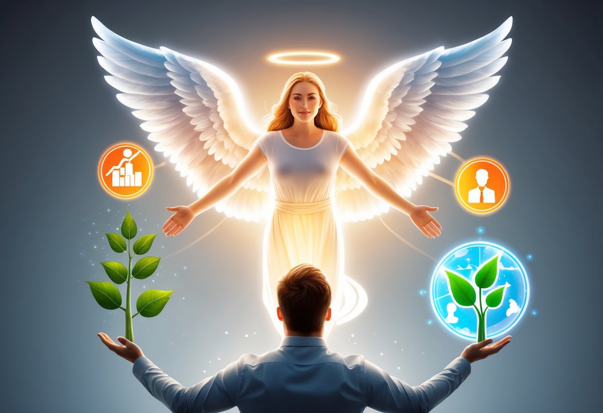 A glowing angelic figure hovers above a person, surrounded by symbols of growth and success