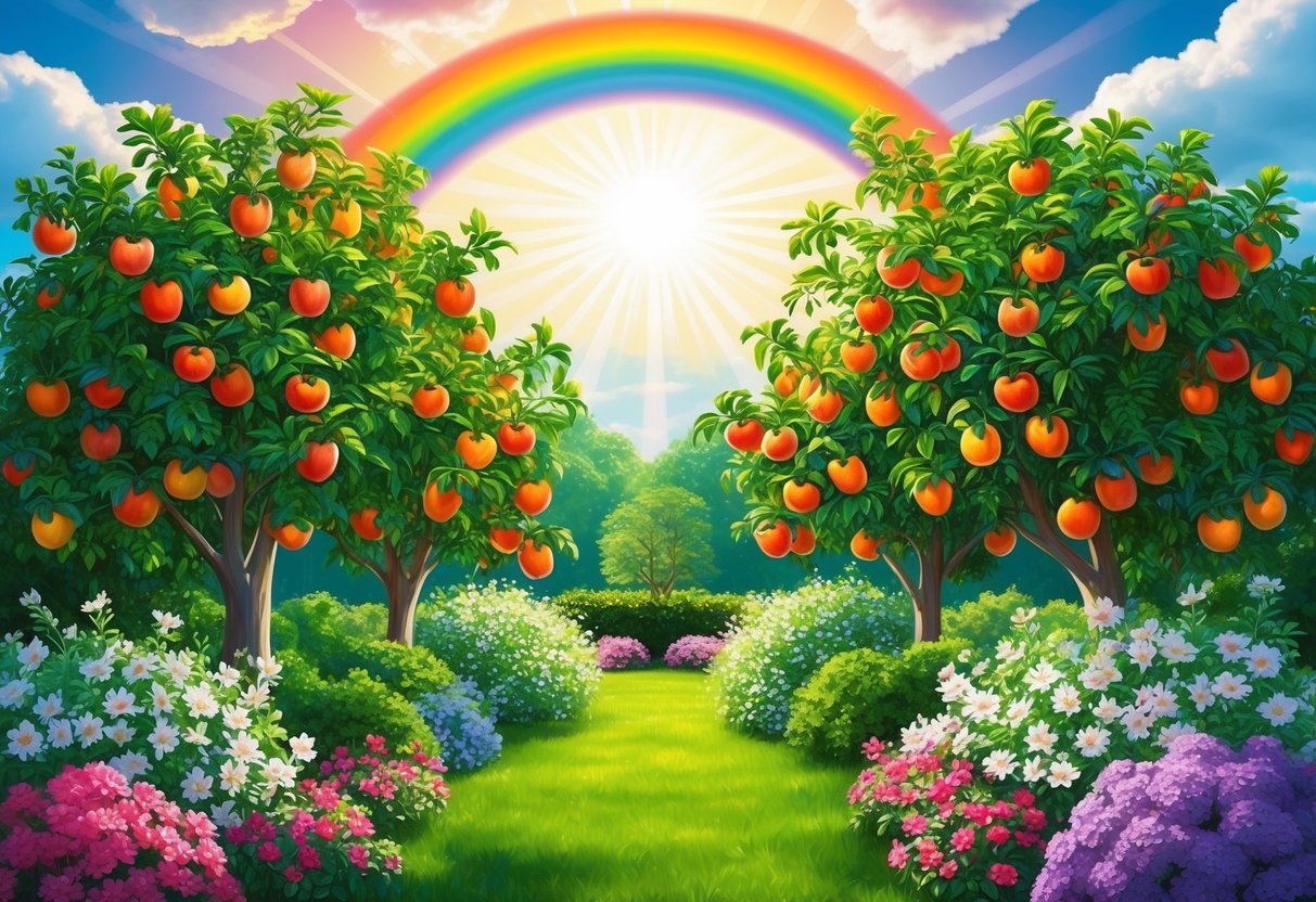 A lush garden with blooming flowers and fruit-laden trees under a sky filled with radiant sunlight and a rainbow