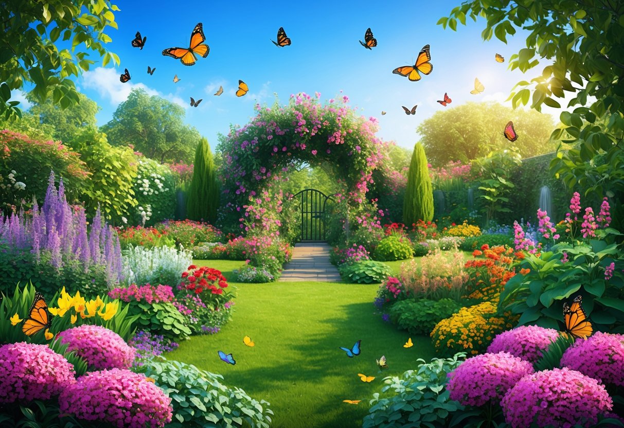 A vibrant garden with blooming flowers and lush greenery, surrounded by butterflies and birds in flight, symbolizing growth and abundance