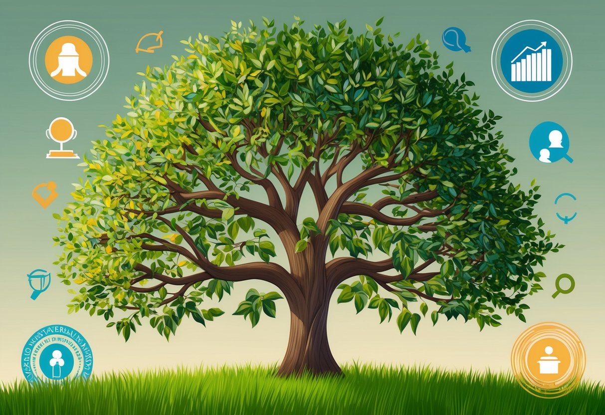 A flourishing tree with abundant branches and leaves, surrounded by symbols of career success and growth