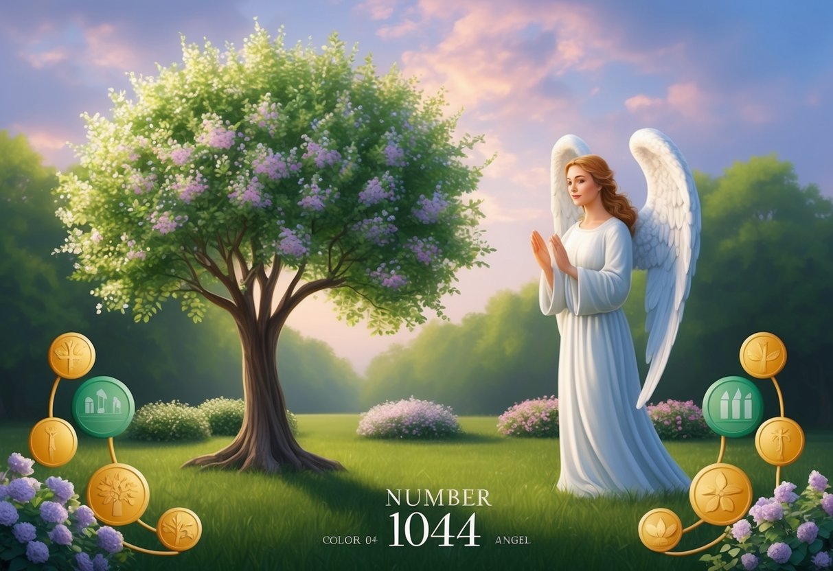 A serene garden with a blooming tree, surrounded by symbols of growth and abundance, under the watchful presence of the number 1044 angel