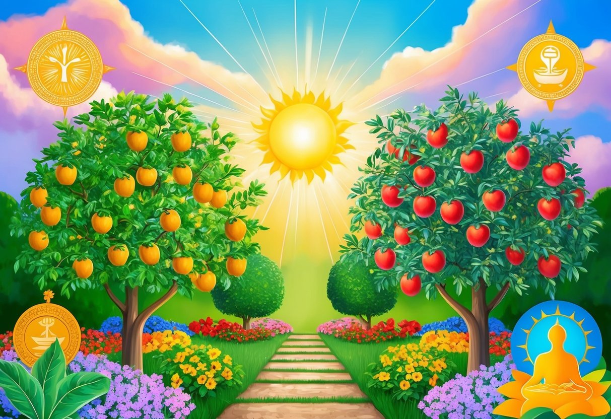 A garden with blooming flowers, ripe fruit trees, and a radiant sun shining down, surrounded by symbols of prosperity and spiritual guidance