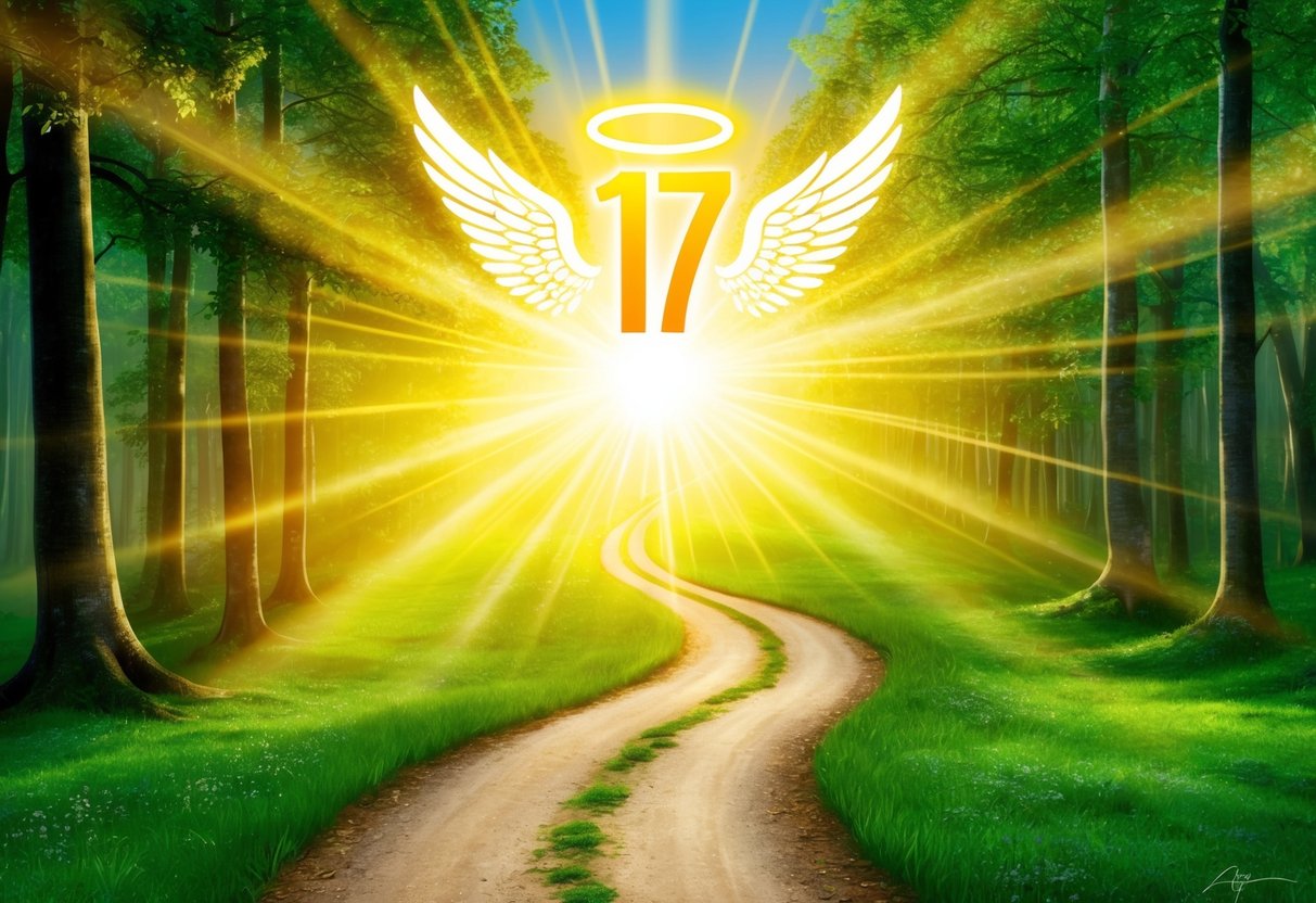 A winding path through a lush forest, bathed in golden sunlight, with a bright, glowing 117 angel number hovering above, radiating a sense of new beginnings and leadership