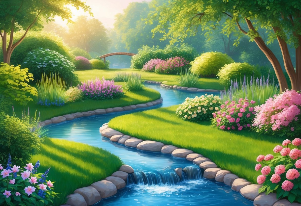 A serene garden with blooming flowers, a flowing stream, and a tranquil pond, surrounded by lush greenery and bathed in warm sunlight