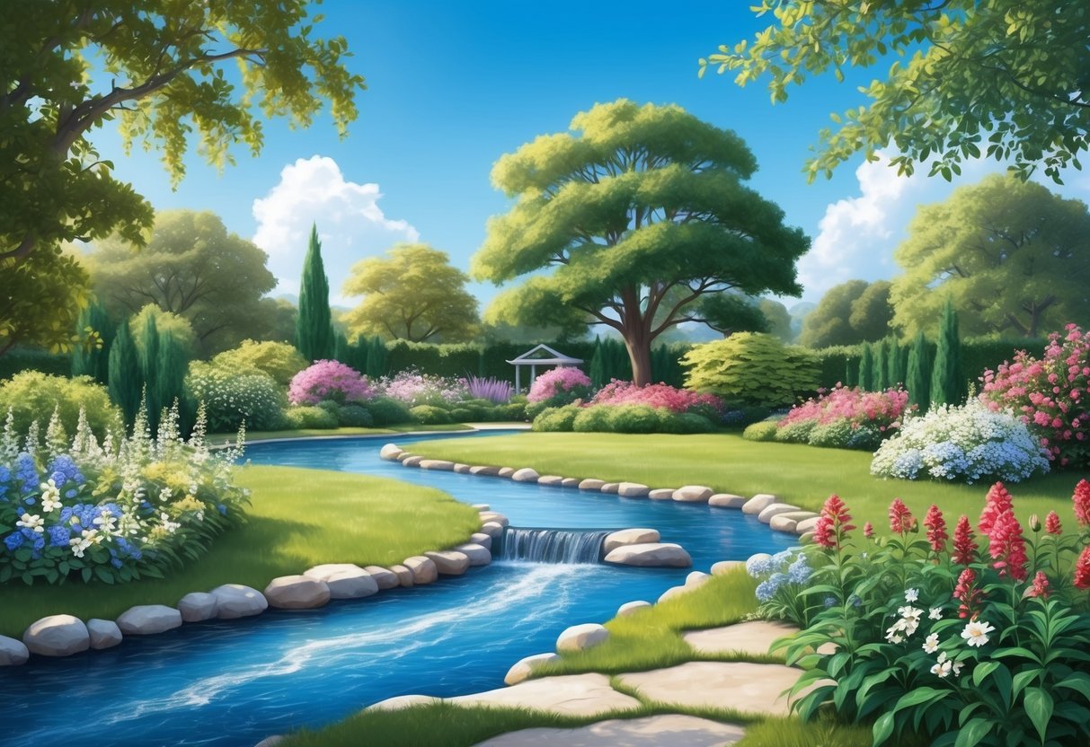 A tranquil garden with a flowing stream, surrounded by blooming flowers and lush greenery, under a clear blue sky