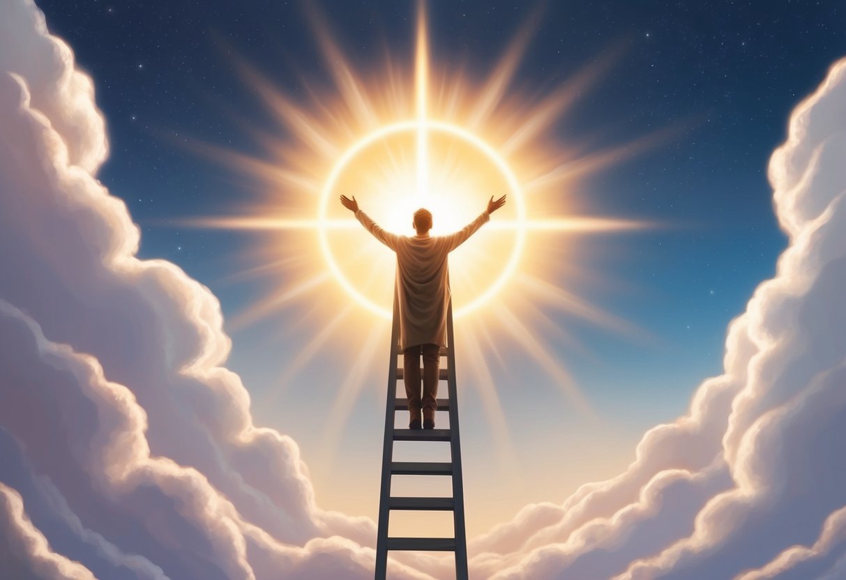 A glowing halo surrounds a figure, radiating light and inspiration, while a ladder extends toward the heavens