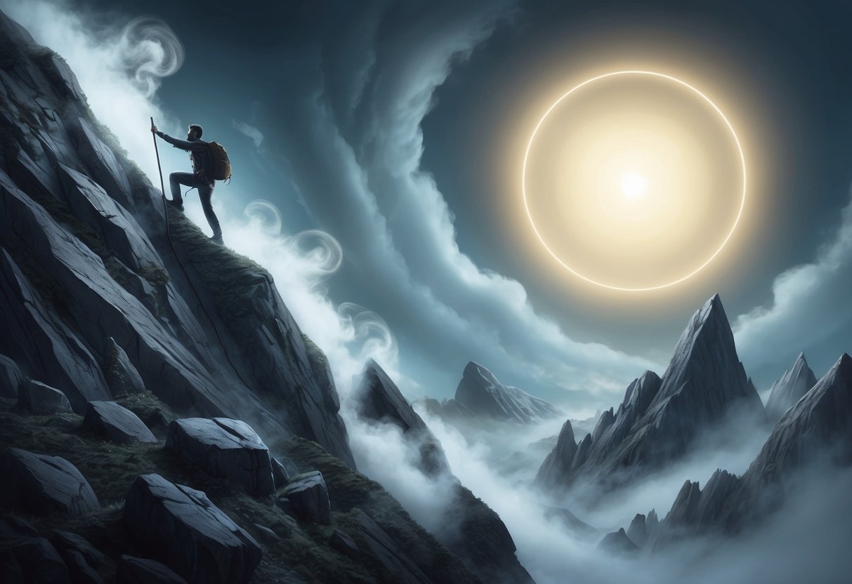 A lone figure climbs a steep mountain, surrounded by swirling mist and jagged rocks, reaching towards a glowing halo of light