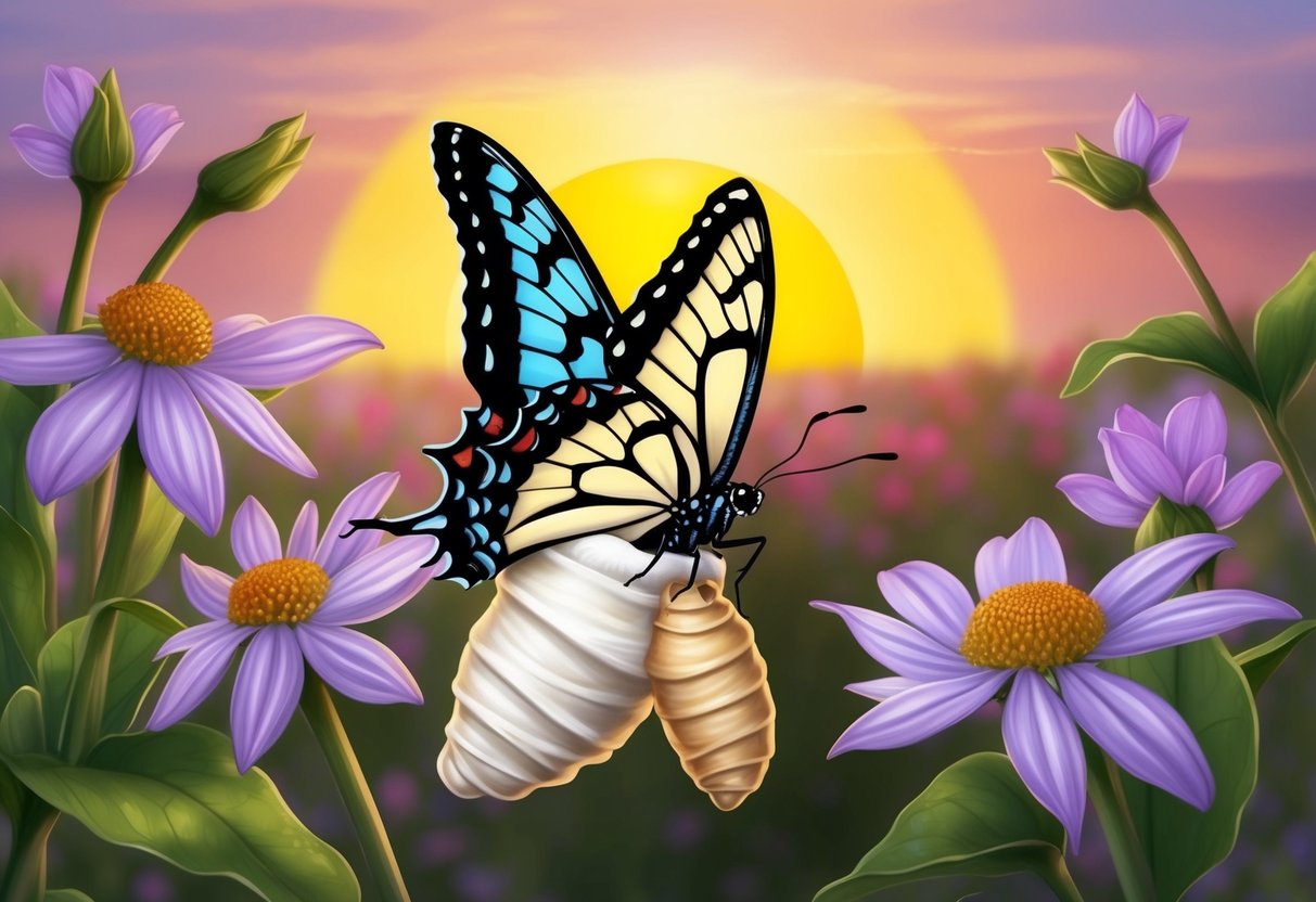 A butterfly emerging from a cocoon, surrounded by blooming flowers and a sunrise in the background