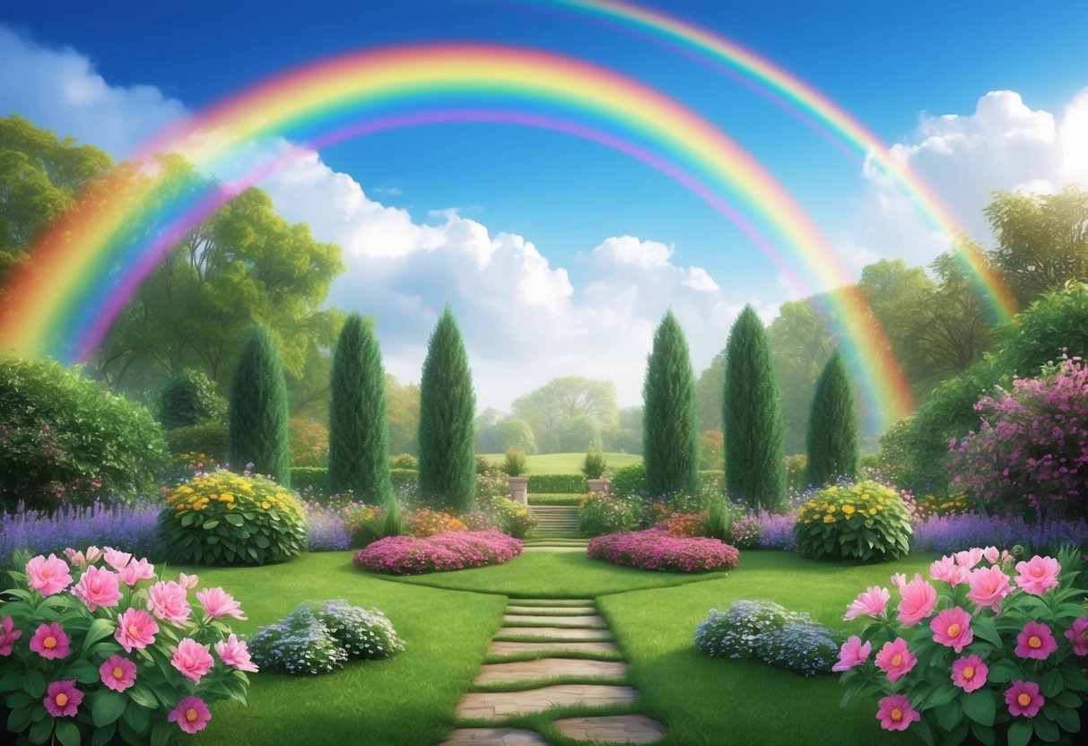 A serene garden with blooming flowers and a vibrant rainbow stretching across the sky, symbolizing positivity and spiritual guidance