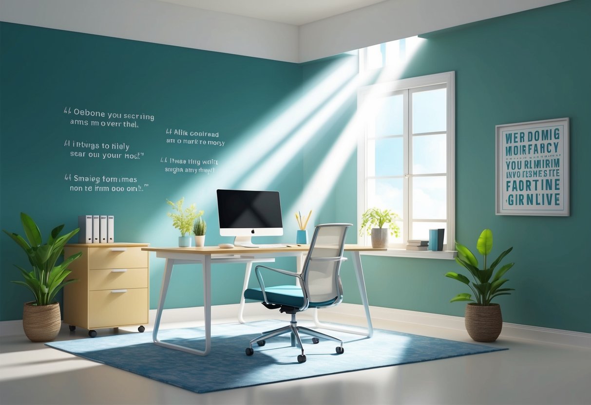 A serene office space with a desk, computer, and motivational quotes on the wall.</p><p>A beam of light shines through the window, illuminating the room.