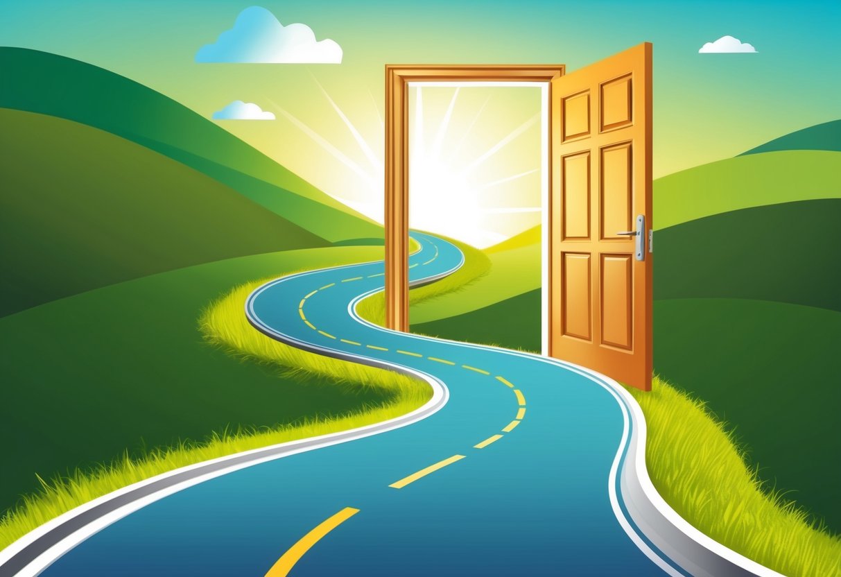 A winding road leading to a bright, open doorway symbolizing career and professional growth